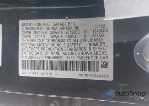 2022 Honda Civic Sport из США, поврежденный, VIN 2HGFE2F5XNH569503